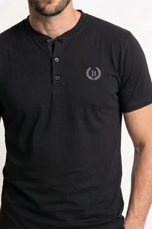 Erkek % 100 Pamuk Düğmeli Yaka Altı Düz Cepli Şortlu Pijama Takımı | Siyah 624-1