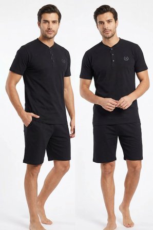 Erkek % 100 Pamuk Düğmeli Yaka Altı Düz Cepli Şortlu Pijama Takımı | Siyah 624-1