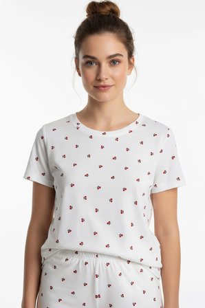 Kadın Bisiklet Yaka Yumuşak Dokulu Kiraz Desenli Kısa Kol pijama Takım | 70132-4745