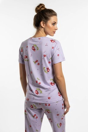 Kadın Bisiklet Yaka Yumuşak Dokulu Büyük  Kiraz Desenli Kısa Kol pijama Takım | 70132-4713