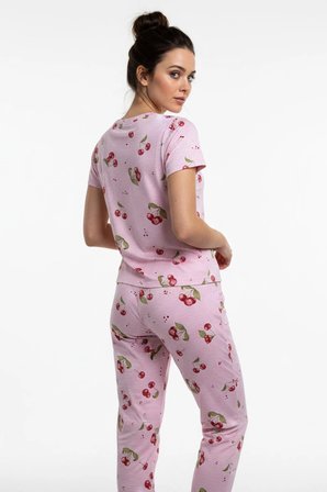 Kadın Bisiklet Yaka Yumuşak Dokulu Büyük Kiraz Desenli Kısa Kol pijama Takım | Pembe 70132-4668