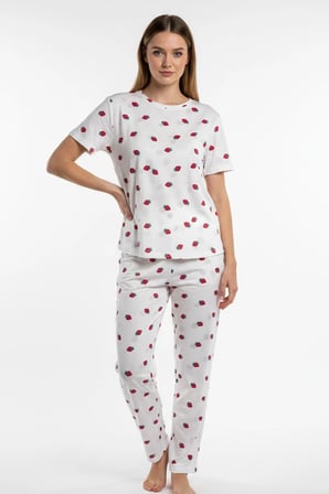 Kadın Bisiklet Yaka Yumuşak Dokulu Çilek Desenli Kısa Kol pijama Takım | Beyaz 70132-4712