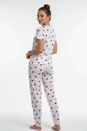 Kadın Bisiklet Yaka Yumuşak Dokulu Çilek Desenli Kısa Kol pijama Takım | Beyaz 70132-4712