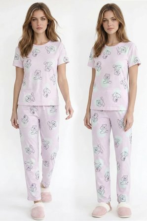 Kadın Bisiklet Yaka Yumuşak Dokulu Ayıcık Desenli Kısa Kol pijama Takım | Pembe 70132-4680