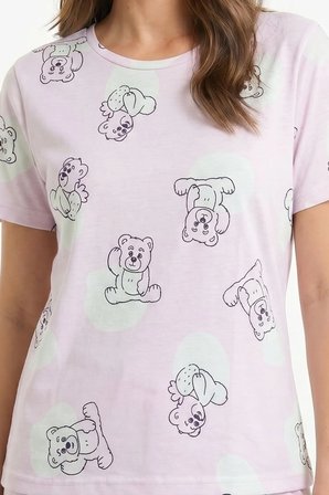 Kadın Bisiklet Yaka Yumuşak Dokulu Ayıcık Desenli Kısa Kol pijama Takım | Pembe 70132-4680