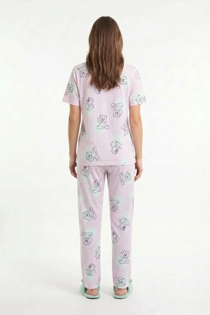 Kadın Bisiklet Yaka Yumuşak Dokulu Ayıcık Desenli Kısa Kol pijama Takım | Pembe 70132-4680