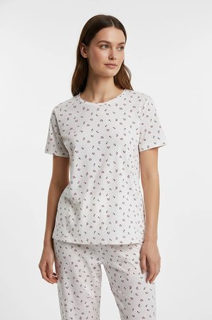 Kadın Bisiklet Yaka Yumuşak Dokulu Çiçek Desenli Kısa Kol pijama Takım | Beyaz 70132-220