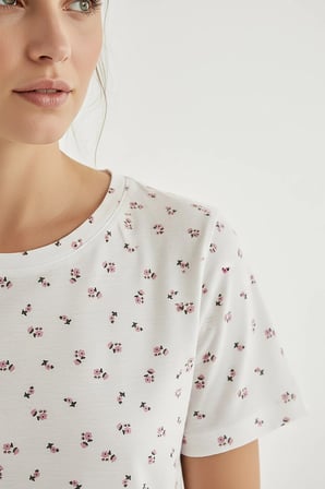 Kadın Bisiklet Yaka Yumuşak Dokulu Çiçek Desenli Kısa Kol pijama Takım | Beyaz 70132-220