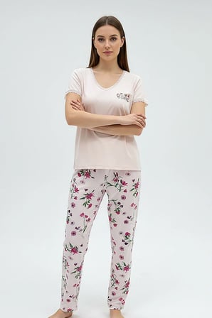 Kadın % 100 Ring Viskon V Yaka Altı Desenli Kısa Kol Pijama Takımı | Pembe 40113-4119