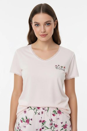Kadın % 100 Ring Viskon V Yaka Altı Desenli Kısa Kol Pijama Takımı | Pembe 40113-4119