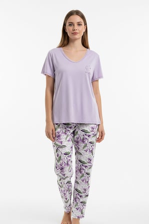 Kadın % 100 Ring Viskon V Yaka Altı Desenli Kısa Kol Pijama Takım | Lila 40113-4118