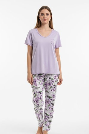 Kadın % 100 Ring Viskon V Yaka Altı Desenli Kısa Kol Pijama Takım | Lila 40113-4118