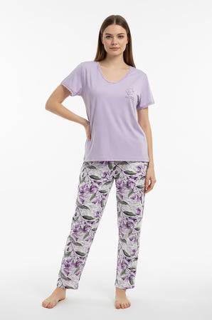 Kadın % 100 Ring Viskon V Yaka Altı Desenli Kısa Kol Pijama Takım | Lila 40113-4118