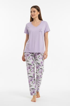Kadın % 100 Ring Viskon V Yaka Altı Desenli Kısa Kol Pijama Takım | Lila 40113-4118