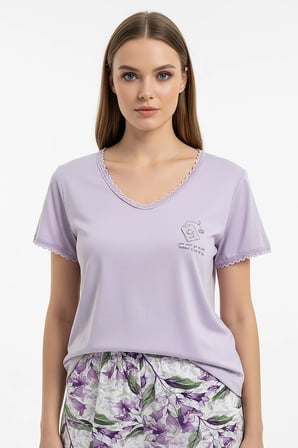 Kadın % 100 Ring Viskon V Yaka Altı Desenli Kısa Kol Pijama Takım | Lila 40113-4118