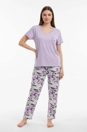 Kadın % 100 Ring Viskon V Yaka Altı Desenli Kısa Kol Pijama Takım | Lila 40113-4118