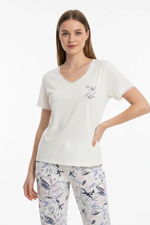  Kadın % 100 Ring Viskon V Yaka Altı Desenli Kısa Kol Pijama Takımı | Ekru 40113-4123