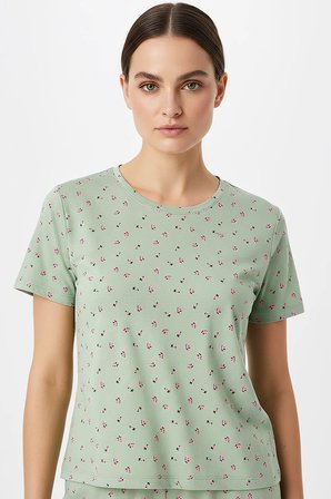 Kadın Bisiklet Yaka Yumuşak Dokulu Çiçek Desenli Kısa Kol pijama Takım | Mint 70132-142
