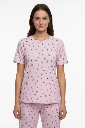 Kadın Bisiklet Yaka Yumuşak Dokulu Çiçek Desenli Kısa Kol pijama Takım | Pembe 70132-267
