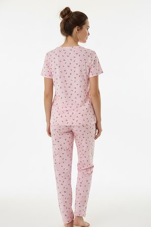 Kadın Bisiklet Yaka Yumuşak Dokulu Çiçek Desenli Kısa Kol pijama Takım | Pembe 70132-267