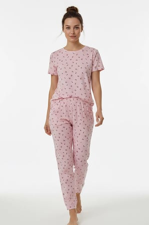 Kadın Bisiklet Yaka Yumuşak Dokulu Çiçek Desenli Kısa Kol pijama Takım | Pembe 70132-267