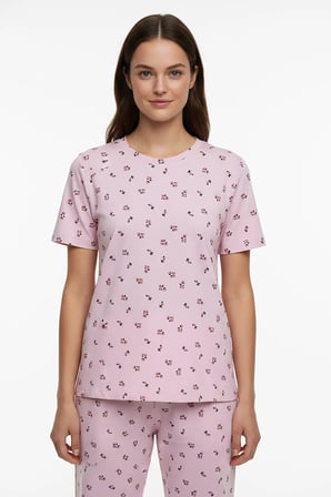 Kadın Bisiklet Yaka Yumuşak Dokulu Çiçek Desenli Kısa Kol pijama Takım | Pembe 70132-267