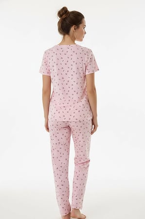 Kadın Bisiklet Yaka Yumuşak Dokulu Çiçek Desenli Kısa Kol pijama Takım | Pembe 70132-267
