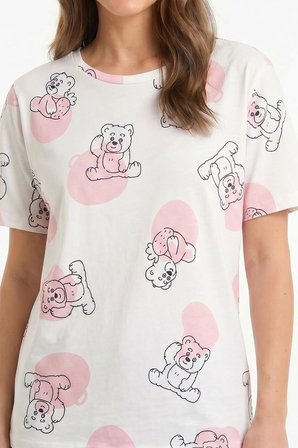 Kadın Bisiklet Yaka Yumuşak Dokulu Büyük Ayıcık Desenli Kısa Kol pijama Takım | Ekru 70132-3293