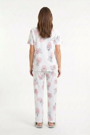 Kadın Bisiklet Yaka Yumuşak Dokulu Büyük Ayıcık Desenli Kısa Kol pijama Takım | Ekru 70132-3293