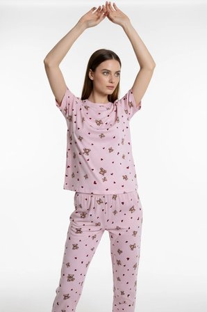 Kadın Bisiklet Yaka Yumuşak Dokulu Ayıcık Desenli Kısa Kol pijama Takım | Pembe 70132-4603