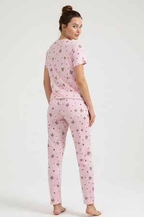 Kadın Bisiklet Yaka Yumuşak Dokulu Ayıcık Desenli Kısa Kol pijama Takım | Pembe 70132-4603