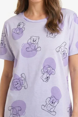 Kadın Bisiklet Yaka Yumuşak Dokulu Büyük Ayıcık Desenli Kısa Kol pijama Takım | Lila  70132-4663