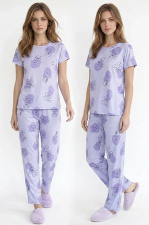 Kadın Bisiklet Yaka Yumuşak Dokulu Büyük Ayıcık Desenli Kısa Kol pijama Takım | Lila  70132-4663