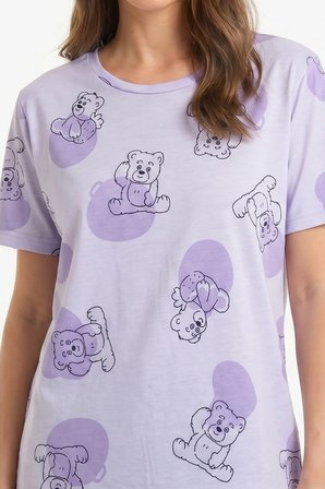 Kadın Bisiklet Yaka Yumuşak Dokulu Büyük Ayıcık Desenli Kısa Kol pijama Takım | Lila  70132-4663
