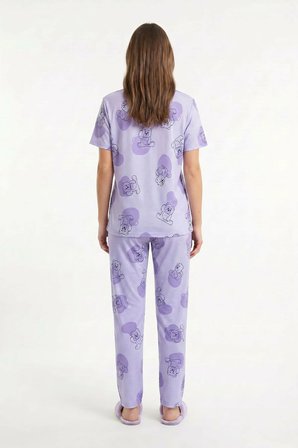 Kadın Bisiklet Yaka Yumuşak Dokulu Büyük Ayıcık Desenli Kısa Kol pijama Takım | Lila  70132-4663