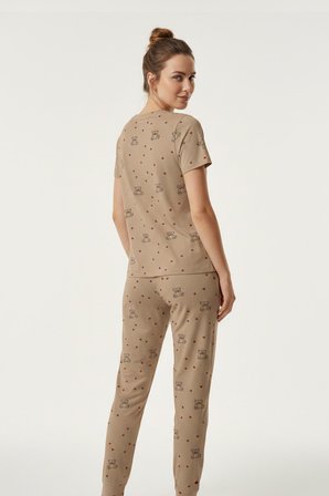 Kadın Bisiklet Yaka Yumuşak Dokulu Küçük Ayıcık Desenli Kısa Kol pijama Takım | Kahve 70132-4664