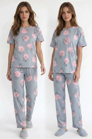 Kadın Bisiklet Yaka Yumuşak Dokulu Büyük Ayıcık Desenli Kısa Kol pijama Takım | Gri 70132-4667