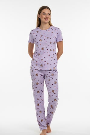 Kadın Bisiklet Yaka Yumuşak Dokulu Ayıcık Desenli Kısa Kol pijama Takım | Lila 70132-4752