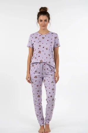Kadın Bisiklet Yaka Yumuşak Dokulu Ayıcık Desenli Kısa Kol pijama Takım | Lila 70132-4752