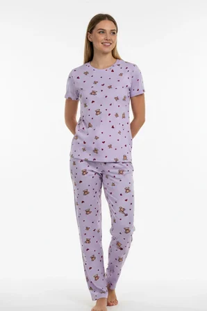 Kadın Bisiklet Yaka Yumuşak Dokulu Ayıcık Desenli Kısa Kol pijama Takım | Lila 70132-4752