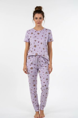 Kadın Bisiklet Yaka Yumuşak Dokulu Ayıcık Desenli Kısa Kol pijama Takım | Lila 70132-4752