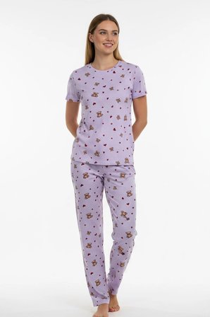 Kadın Bisiklet Yaka Yumuşak Dokulu Ayıcık Desenli Kısa Kol pijama Takım | Lila 70132-4752
