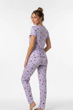 Kadın Bisiklet Yaka Yumuşak Dokulu Ayıcık Desenli Kısa Kol pijama Takım | Lila 70132-4752