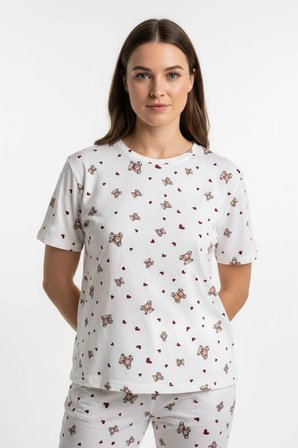 Kadın Bisiklet Yaka Yumuşak Dokulu Küçük Ayıcık Desenli Kısa Kol pijama Takım | Beyaz  70132-4774