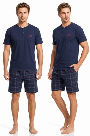 Erkek % 100 Pamuk Düğmeli Yaka Altı Ekoseli Cepli Şortlu Pijama Takımı | Lacivert 1000-70
