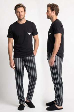 Erkek Penye Süprem Genç Bisiklet Yaka Altı Uzun Pijama Takım | Siyah 65162-724
