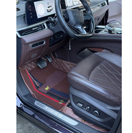 Chery Tiggo 2024 Sonrası 8 Pro Max 7 Kişilik Aracına Özel 8d Çift Katmanlı Havuzlu Paspas Takımı (Koyu Kahverengi - Çizgili)