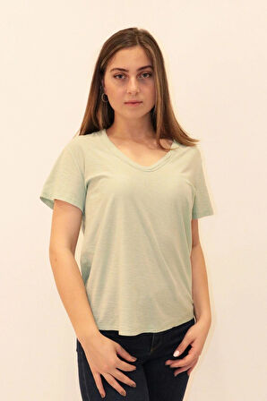 Rich Kadın Organik V Yaka T-shirt %100 Pamuk Tişört