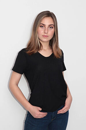 Rich Kadın Organik V Yaka T-shirt %100 Pamuk Tişört