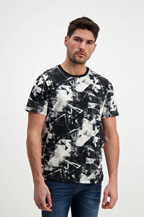 Siyah Desenli Erkek Bisiklet Yaka T-shirt